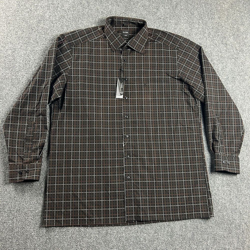 Olymp Shirt Mens 18 46‎ Brown Luxor Modern Fit Check Textured 100% Cotton New